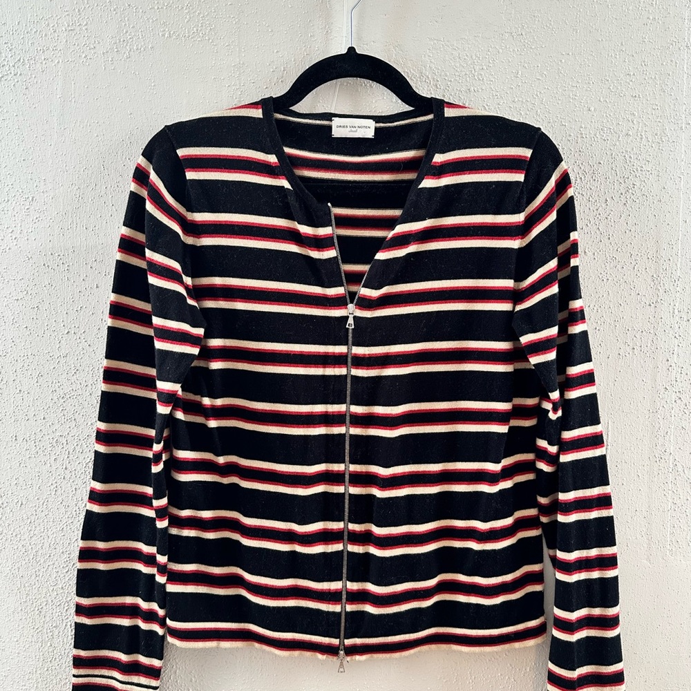 Dries Van Noten Black Striped Zip Cardigan with Red and Cream Stripes